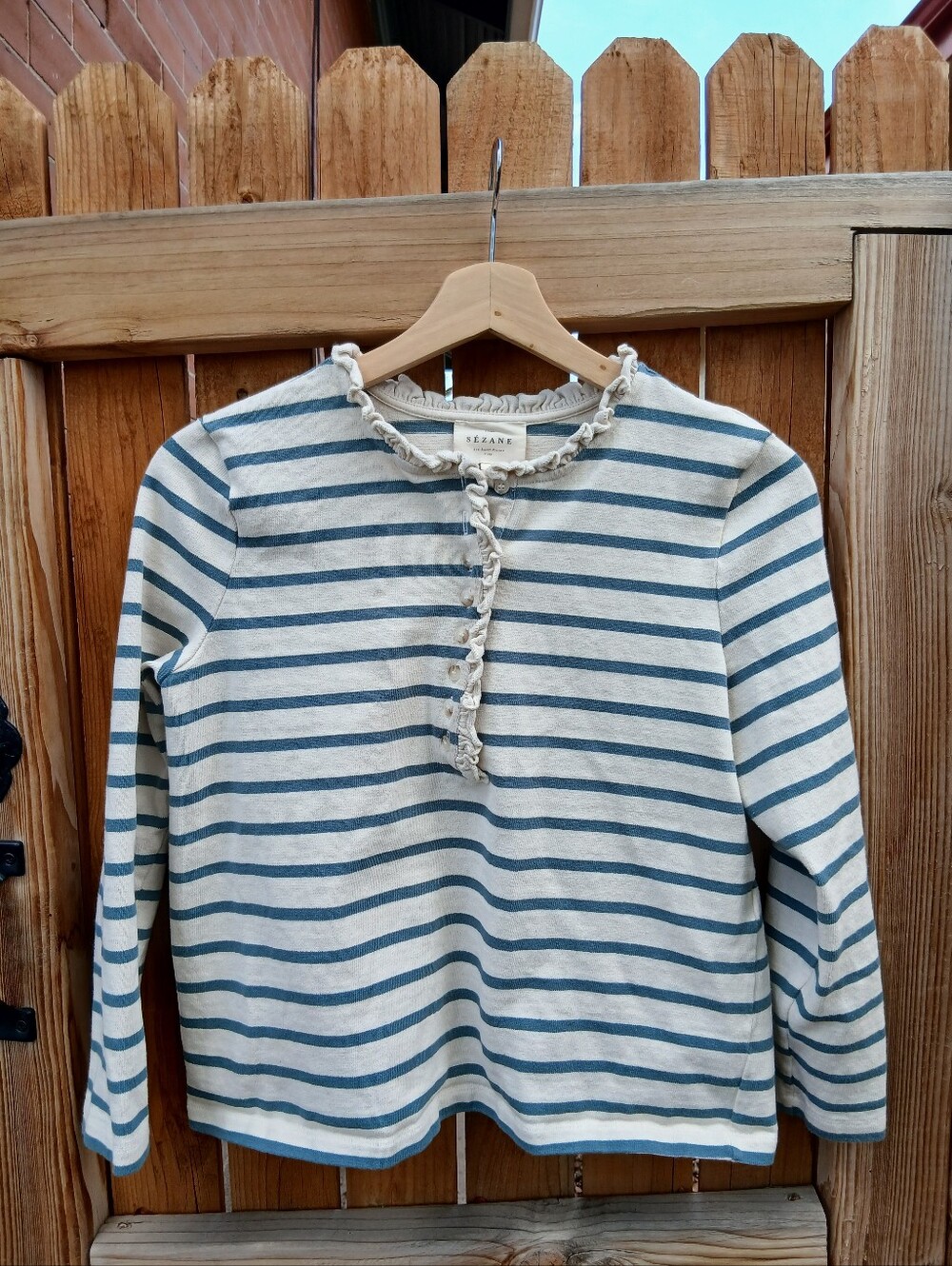 Sezane Gael Mariniere Striped Ruffle Henley Top S Sage Ecru - Picture 3 of 6
